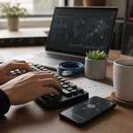 Händer som skriver på tangentbord med smartphone och nätverksövervakning på skärm i bakgrunden